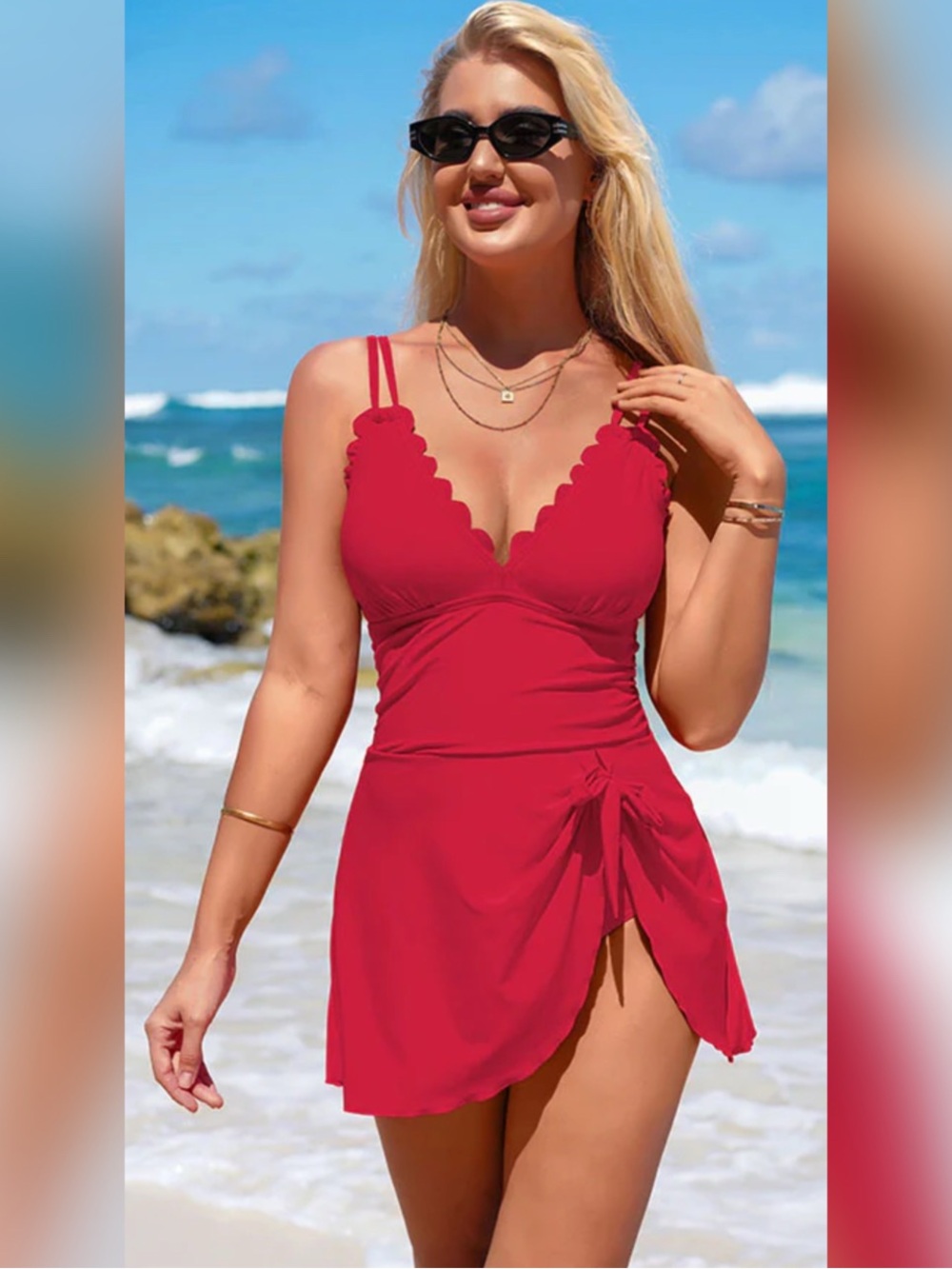 Charmo Red Scallop Edge Swimdress with Side Tie